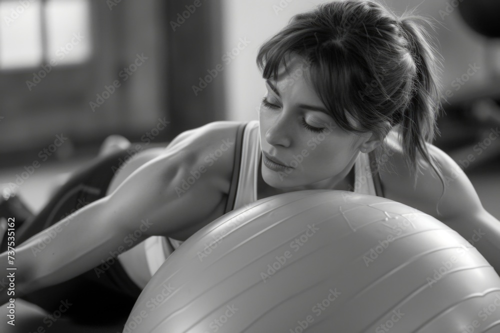 Poster a woman lying on the floor with a large exercise ball. suitable for fitness and exercise concepts