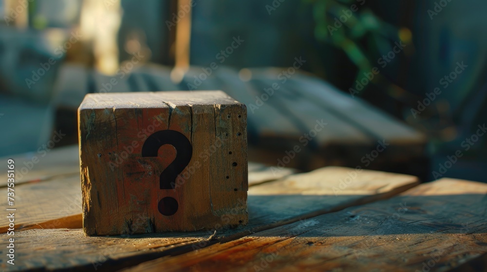 Poster A wooden block with a question mark symbol on it. Perfect for illustrating concepts related to uncertainty, problem-solving, decision-making, and puzzles