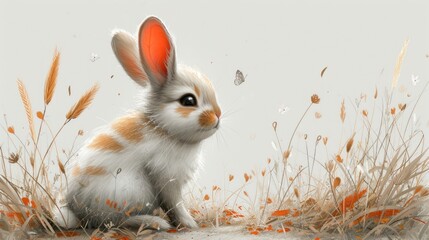 a digital painting of a bunny rabbit sitting in a field of grass with a butterfly flying over it's head.