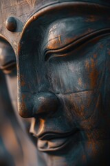 A detailed close-up of a statue depicting a person's face. Perfect for architectural and historical projects