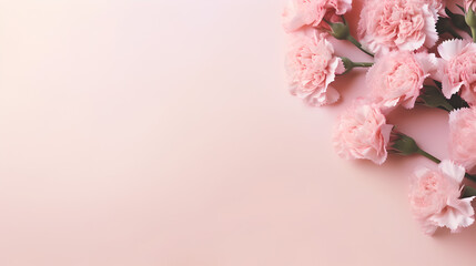 pink carnations flowers on side of pastel rose background with copy space