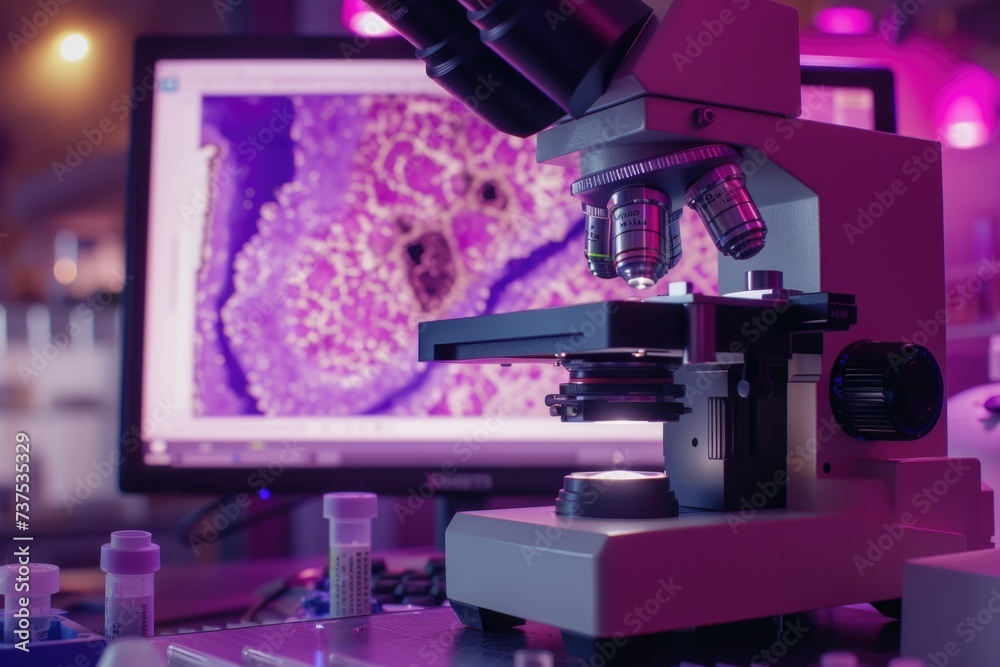 Aufkleber A microscope is seen sitting on top of a table next to a monitor. This image can be used to depict scientific research, laboratory work, or technology advancements
