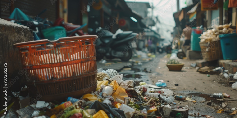Poster a pile of garbage sitting on the side of a road. suitable for illustrating pollution or environmenta