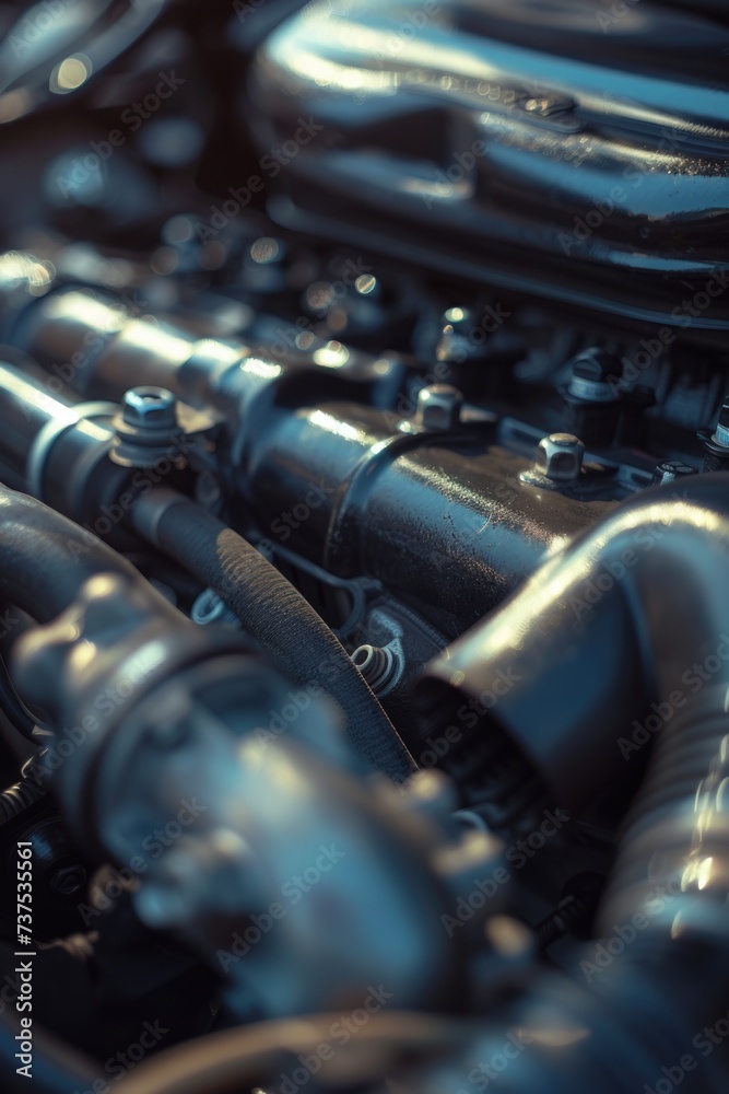 Poster close up view of a motorcycle engine. perfect for automotive enthusiasts and mechanics