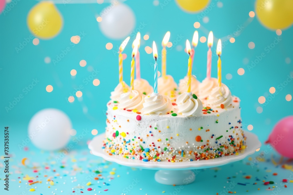 Wall mural cake with candles on colorful background for a birthday celebration