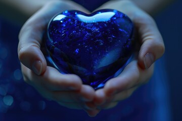 A person is holding a blue heart in their hands. This image can be used to represent love, care, or support