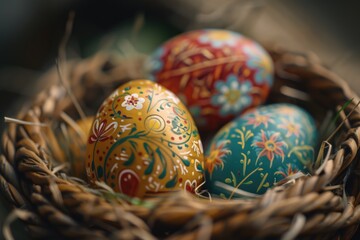Colorful painted eggs arranged in a basket on a table. Perfect for Easter decorations or spring-themed projects