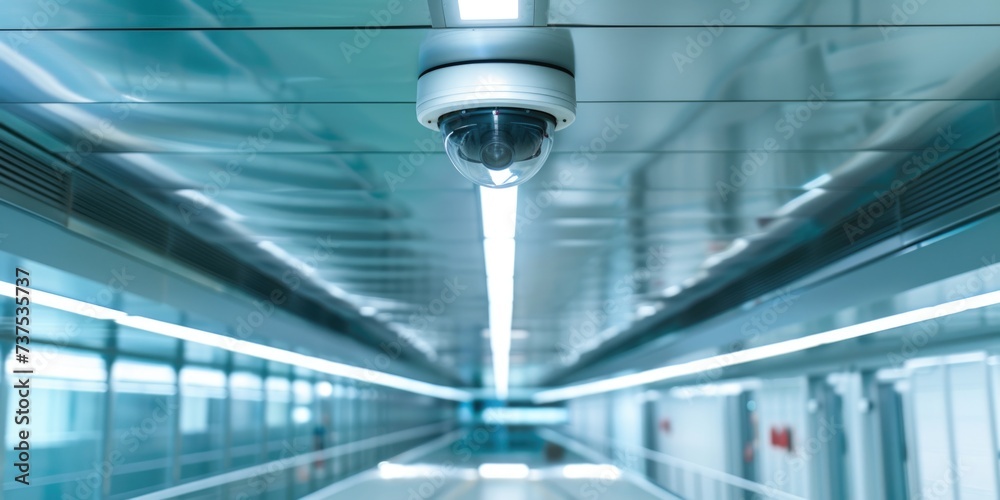 Poster a long hallway with a security camera on the ceiling. ideal for illustrating surveillance, security 