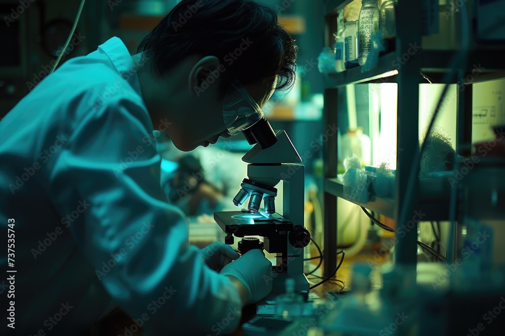 Aufkleber A man in a lab coat is seen looking through a microscope. This image can be used to depict scientific research, medical analysis, or laboratory work