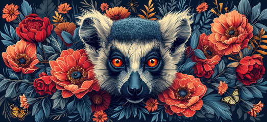 a close up of a painting of a raccoon with orange eyes surrounded by red flowers and a butterfly.