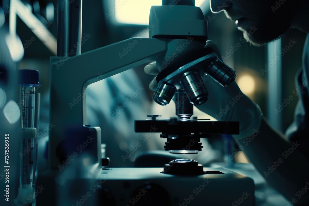 Aufkleber A man is seen looking through a microscope, focusing on something small. This image can be used to illustrate scientific research, laboratory work, or education
