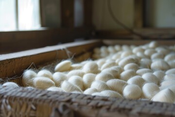 Close up view of silkworm cocoons in a container at a silk factory unfocused brush for yarn spinning in the foreground