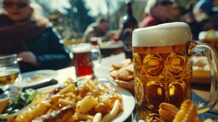 Fototapeta na wymiar A delicious plate of fries accompanied by a refreshing mug of beer. Perfect for bar scenes or casual dining establishments