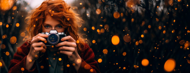 A red-haired girl, camera in hand, captures the world through her lens against a backdrop of bokeh lights, her focused expression a testament to creative passion. - obrazy, fototapety, plakaty