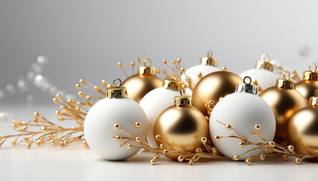 Joyful celebration of winter with shiny gold Christmas ornaments generated by AI