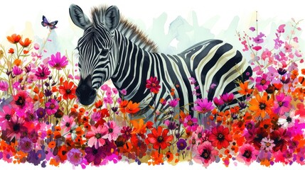 Fototapeta na wymiar a watercolor painting of a zebra in a field of flowers with a butterfly on the back of the zebra.