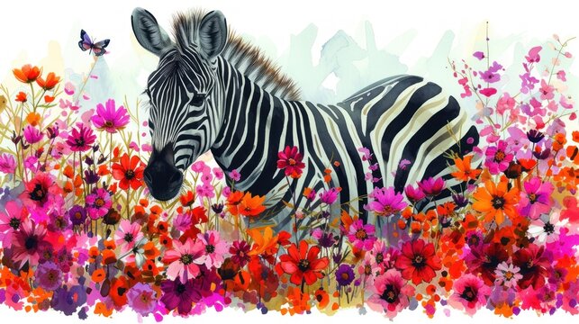 a watercolor painting of a zebra in a field of flowers with a butterfly on the back of the zebra.