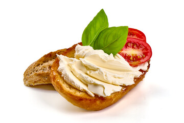 Toasted bread with cheese spread, isolated on white background