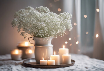 White arrangement of baby's breath flowers and candles - obrazy, fototapety, plakaty