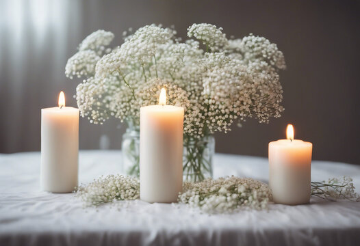 White arrangement of baby's breath flowers and three candles on table close up