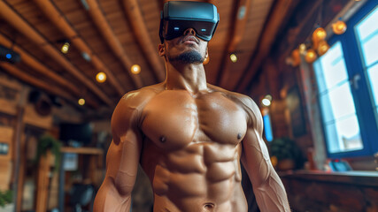 Fototapeta na wymiar Black athlete in VR headset elevates gym session with virtual training equipment