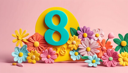 International Women's Day. A vibrant and colorful number 8 adorned with various beautifully crafted flowers. Creating a cheerful and lively aesthetic against a contrasting teal background.