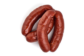 Smoked meaty german sausages, isolated on white background.