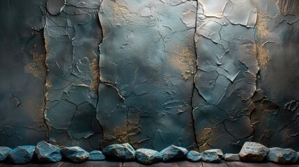a group of rocks sitting on top of a wooden floor in front of a wall with peeling paint on it.
