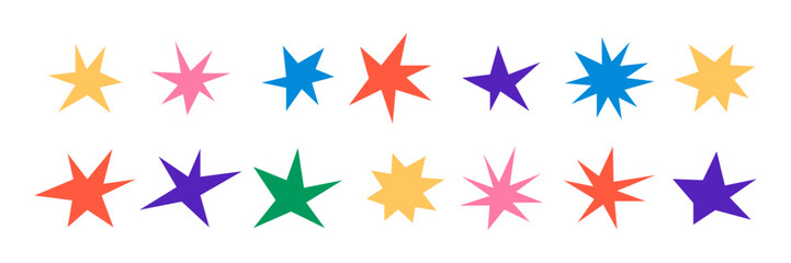 Colorful sharp shapes collection. Bright irregular sparks and twinkles set. Abstract edgy sparkle and stars elements pack. Asymmetry angular forms bundle for banners, collages, posters, stickers