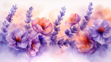 a watercolor painting of purple and orange flowers on a white background with a pink center and orange center in the middle of the image.
