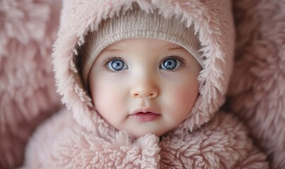 Close up portrait of adorable baby in pink fur coat looking at the camera