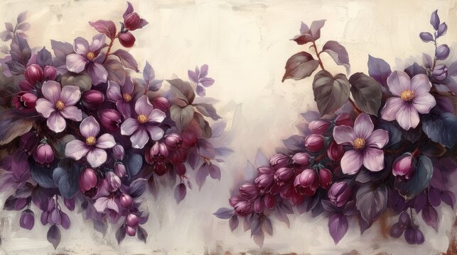 a painting of purple flowers on a white background and a painting of pink and purple flowers on a white background.
