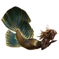 3D rendered African mermaid with a golden tail isolated on transparent background 