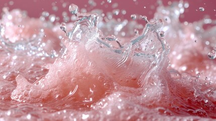 a close up of water splashing on top of a red and pink surface with water droplets on the surface.
