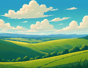 hills landscape, green grass, blue sky with clouds, flat style cartoon painting illustration. Generative AI.	