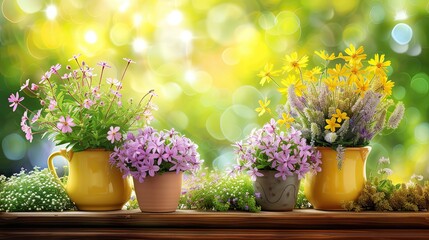 spring flowers in the pots on a table, sunny weather. Generative AI