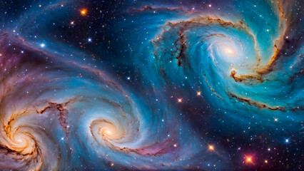 Twisting galaxy with swirling star patterns and cosmic dust, set against deep blue interstellar...