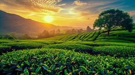 Green tea plantation at sunrise time, nature background. - obrazy, fototapety, plakaty