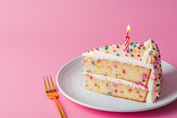 Birthday cake with candle on pink background