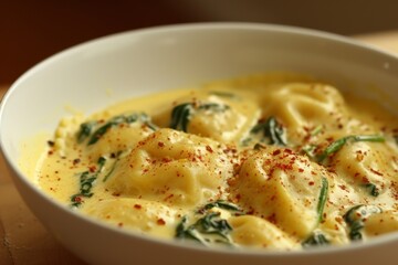 Cheese filled pasta in a creamy Tuscan sauce with spinach and spicy red pepper flakes