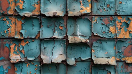 a close up of a rusted metal surface with blue and orange paint peeling off of the side of it.