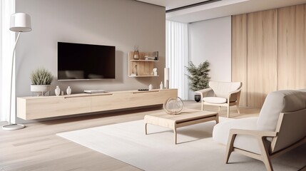 Fototapeta na wymiar modern living room with white and natural wood furniture in minimalist design