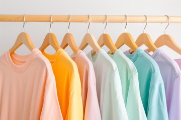 Capture pastel t shirts on hangers in a closet white background