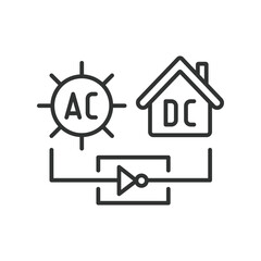 AC DC solar systems icons in line design. AC, DC, solar, systems, energy, technology, power, electricity, renewable isolated on white background vector. AC DC solar systems editable stroke icon.