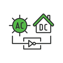 AC DC solar systems icons in line design green. AC, DC, solar, systems, energy, technology, power, electricity, renewable isolated on white background vector. AC DC solar systems editable stroke icon.