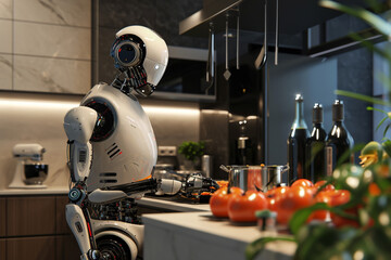 robot  in the kitchen, making food, blurred background. Artificial intelect in future life. AI Generated	
