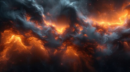 a large orange and black cloud in the middle of a night sky with stars and a bright orange and blue cloud in the middle of the sky.