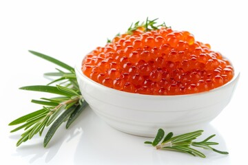 Delicious red caviar and rosemary in a bowl white background