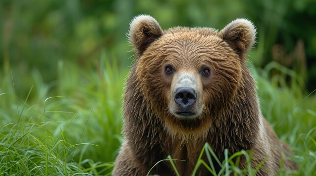 a close up of a brown bear in a field of grass with trees in the back ground and bushes in the background.