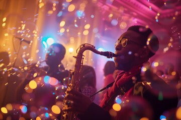 saxophone on stage with lights and bubbles